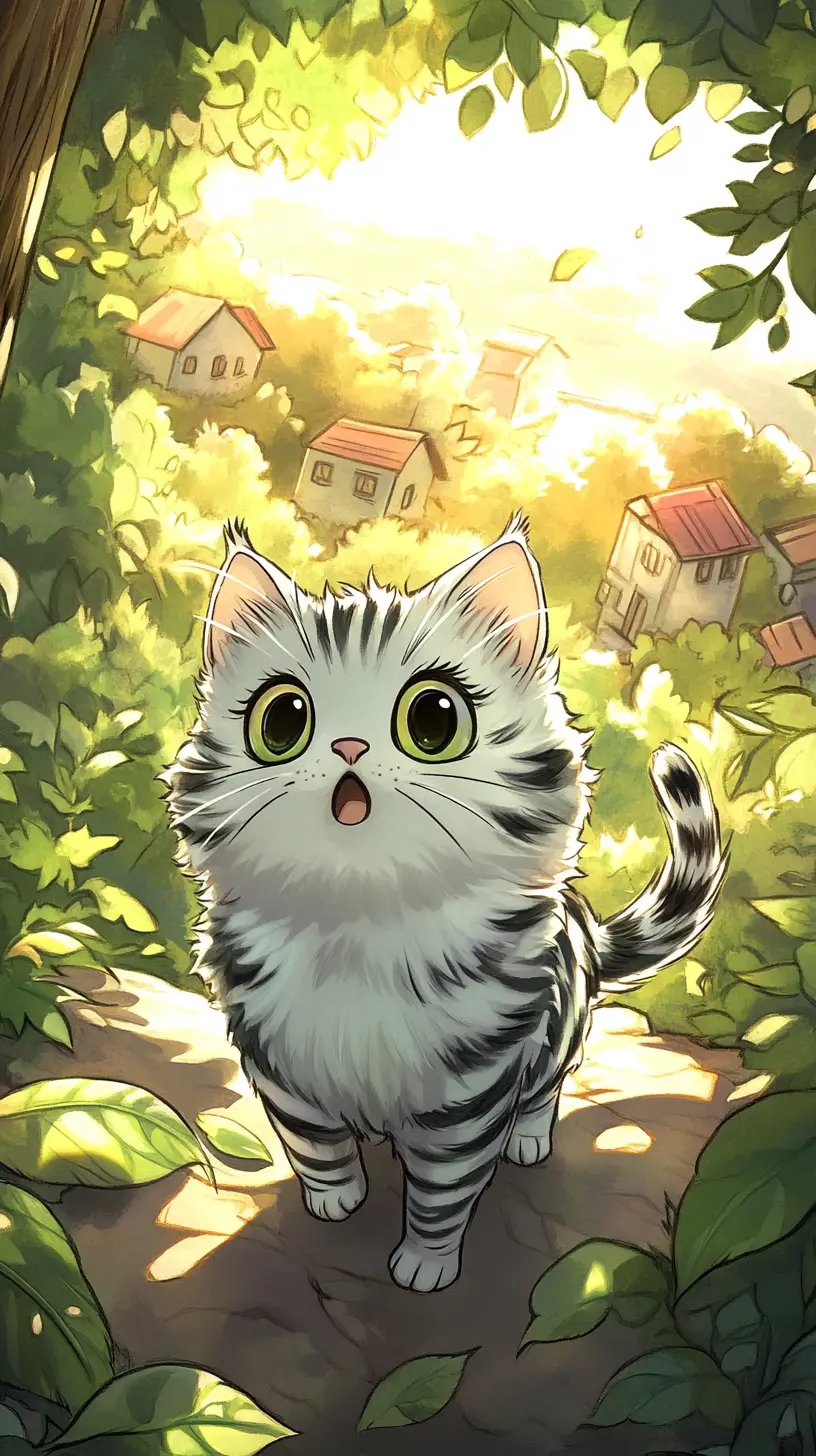 Cute striped cartoon cat in a bright forest