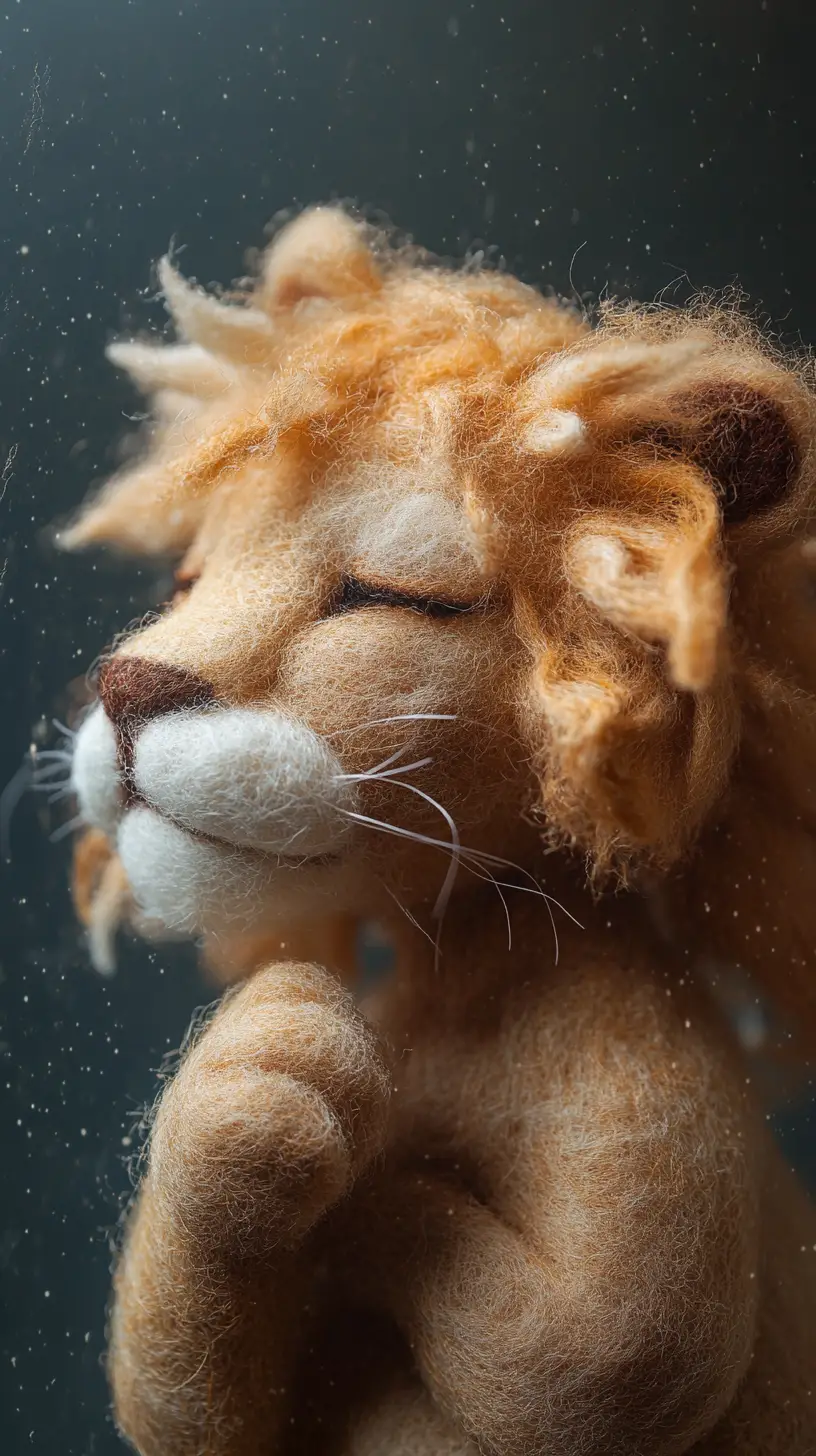 Handcrafted Wool Felt Lion In Soft Macro Close Up