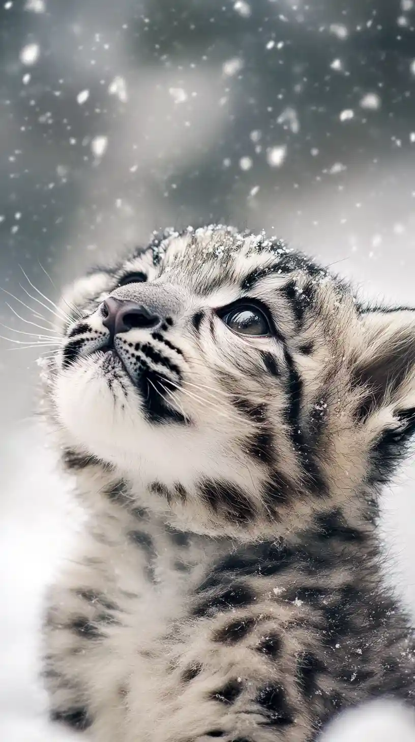 Cute baby snow leopard playing in gentle snowfall