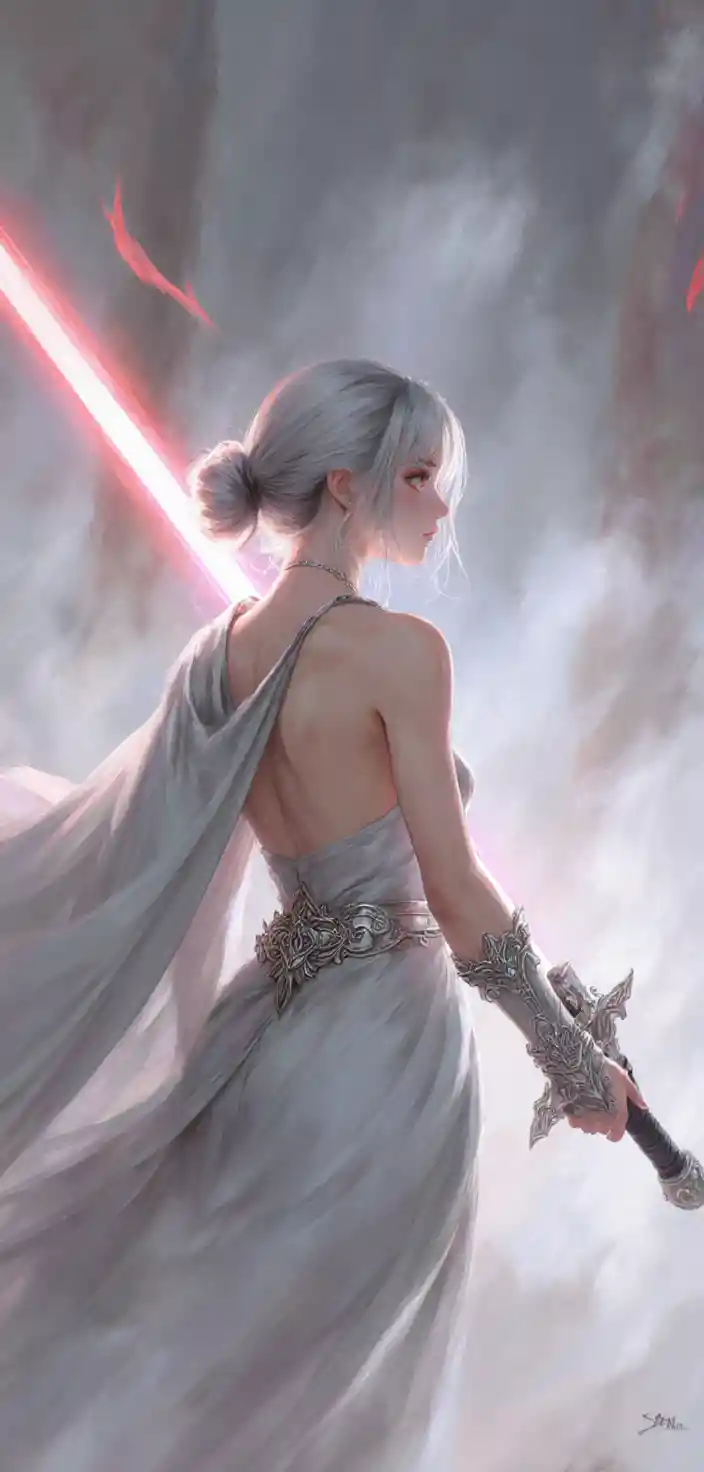 Warrior woman with glowing sword in ethereal light