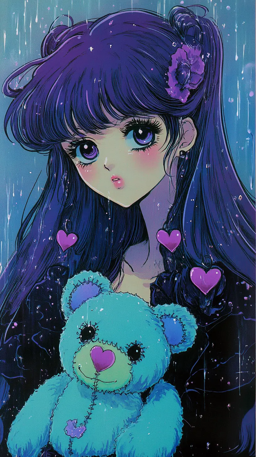 Melancholic gothic girl holding a stitched teddy bear