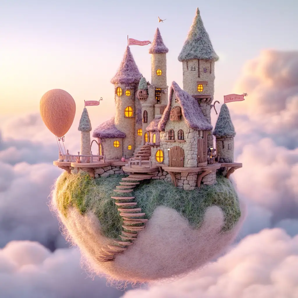 Colossal peach castle floating in a dreamy sunrise sky
