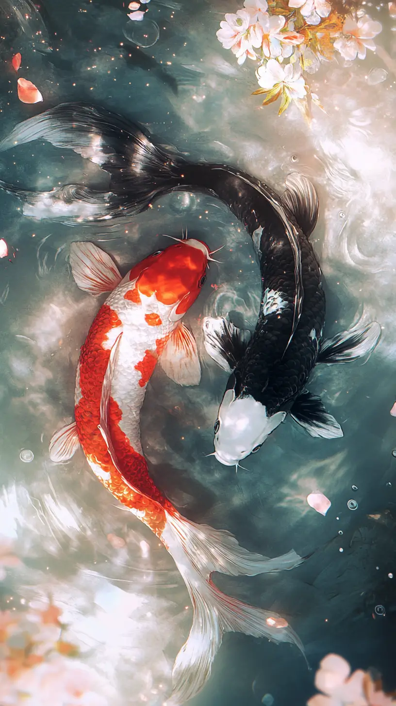 Two red koi fish swimming in a shimmering abstract river