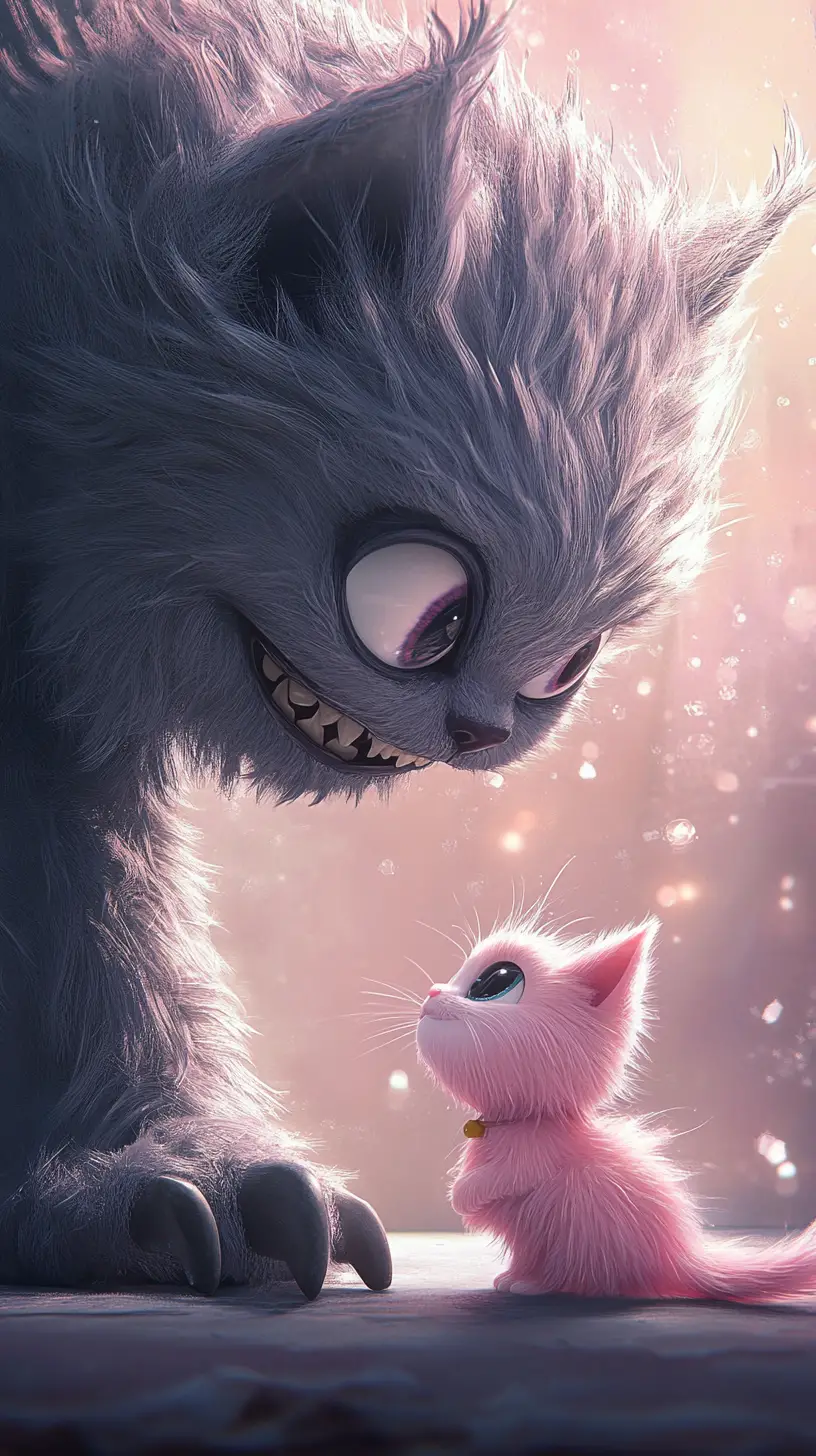 Cute chibi pink kitten facing a scary grey monster