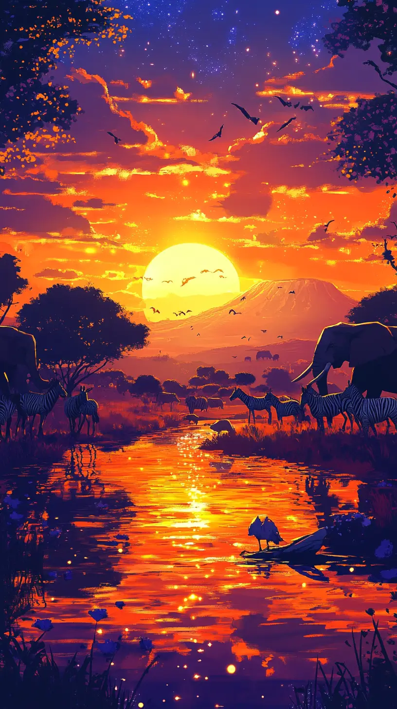 Colorful african savanna with zebras elephants and lions