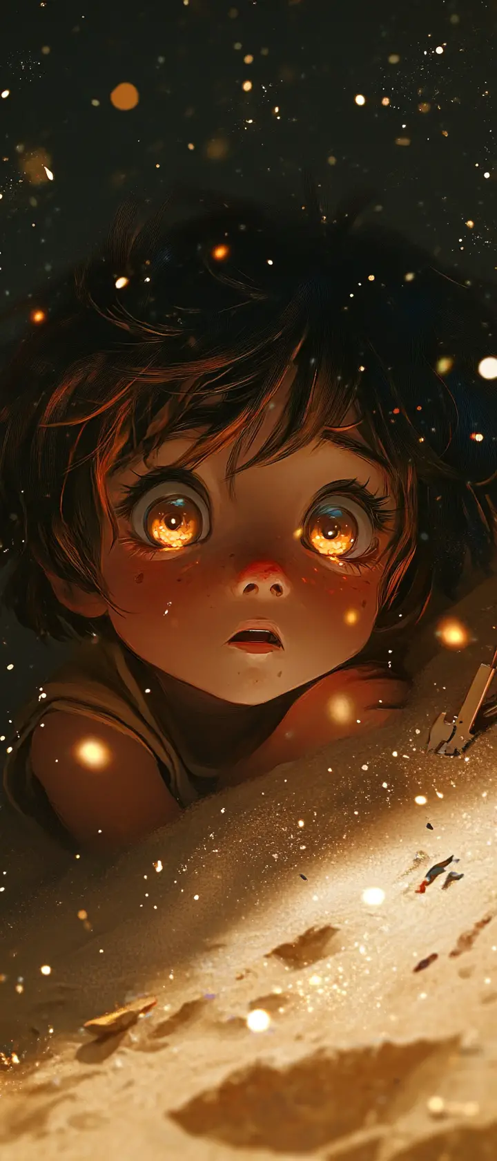 Anime child hiding in a desert night under distant explosions