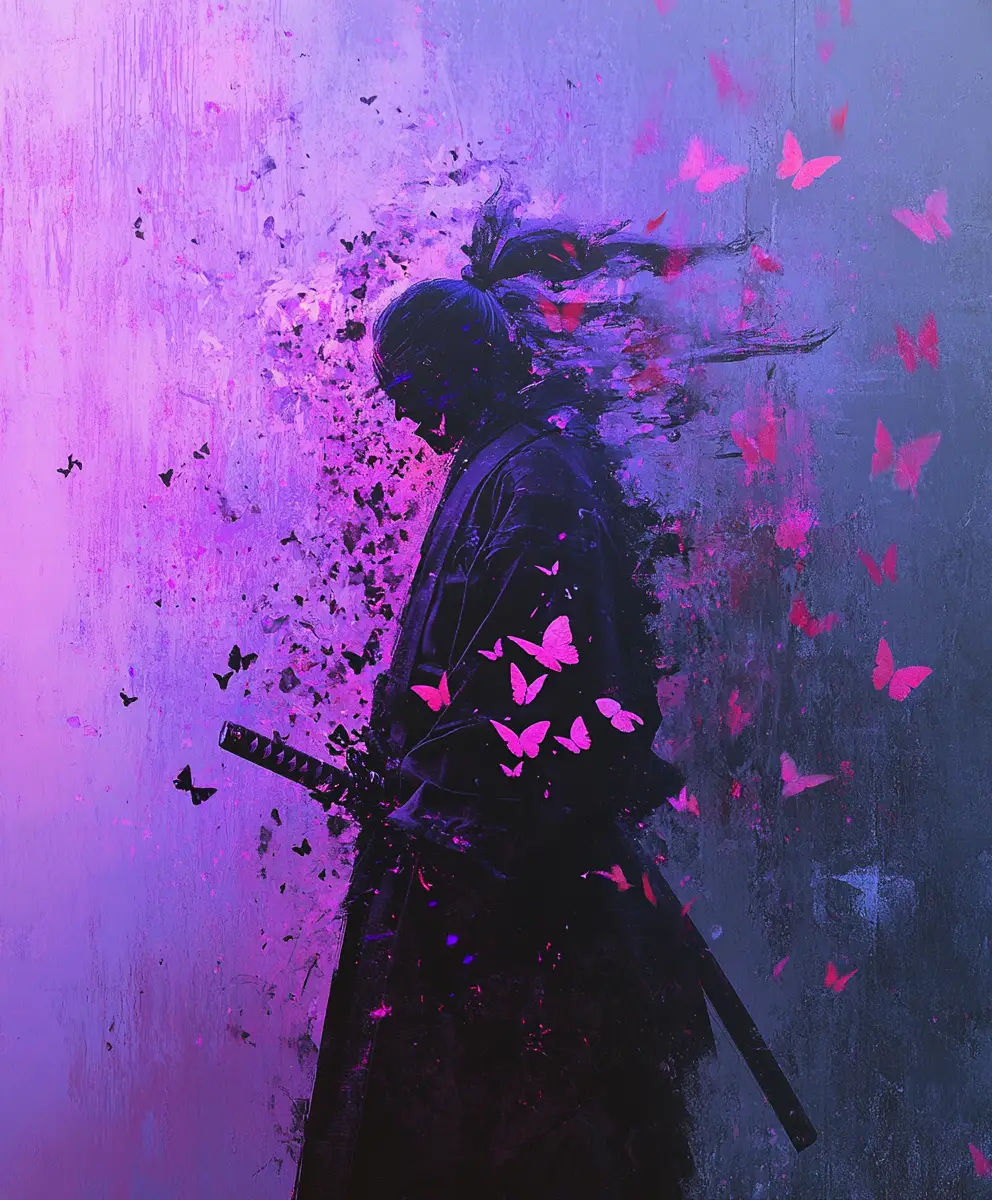 Abstract samurai silhouette dissolving into neon butterflies