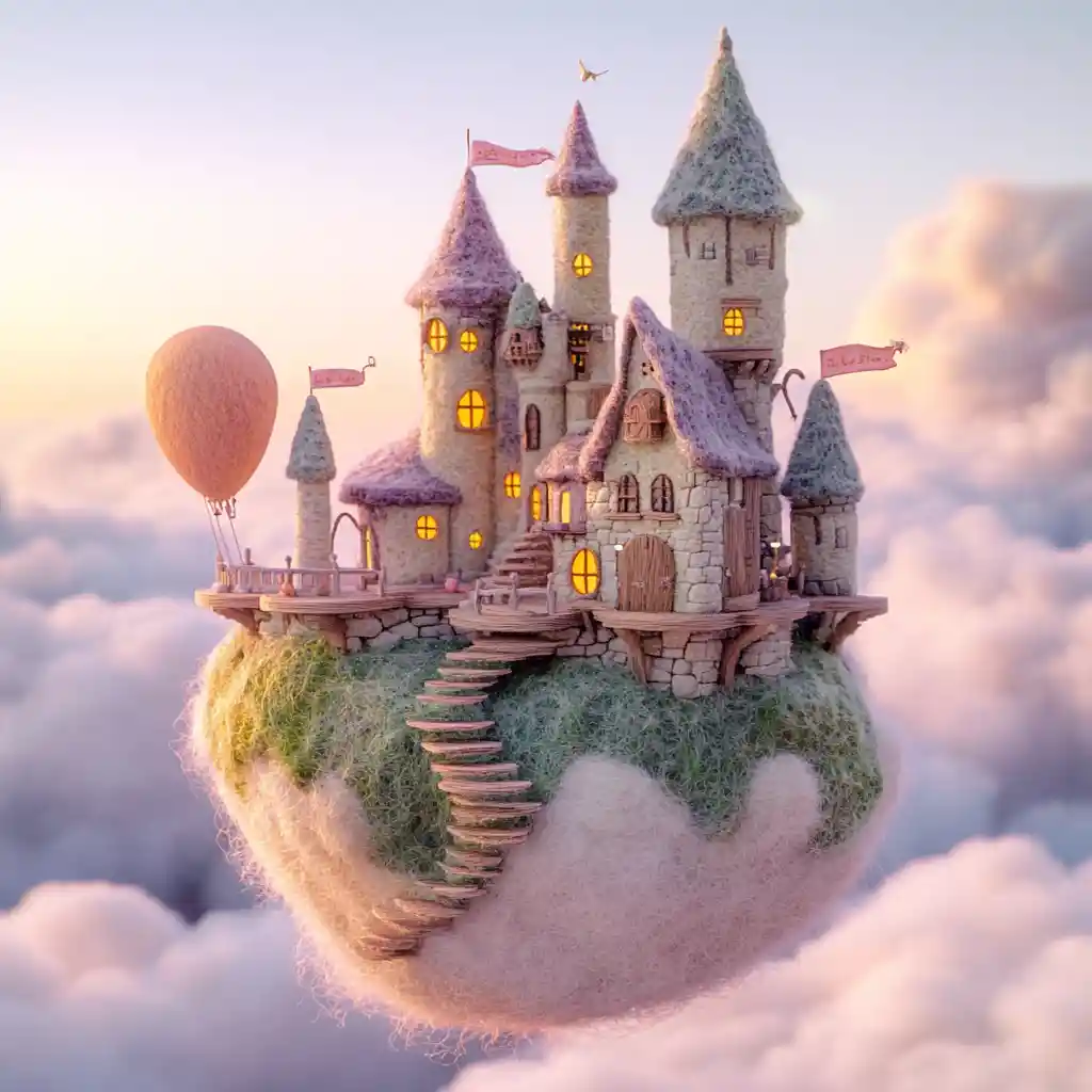 Colossal peach castle floating in a dreamy sunrise sky