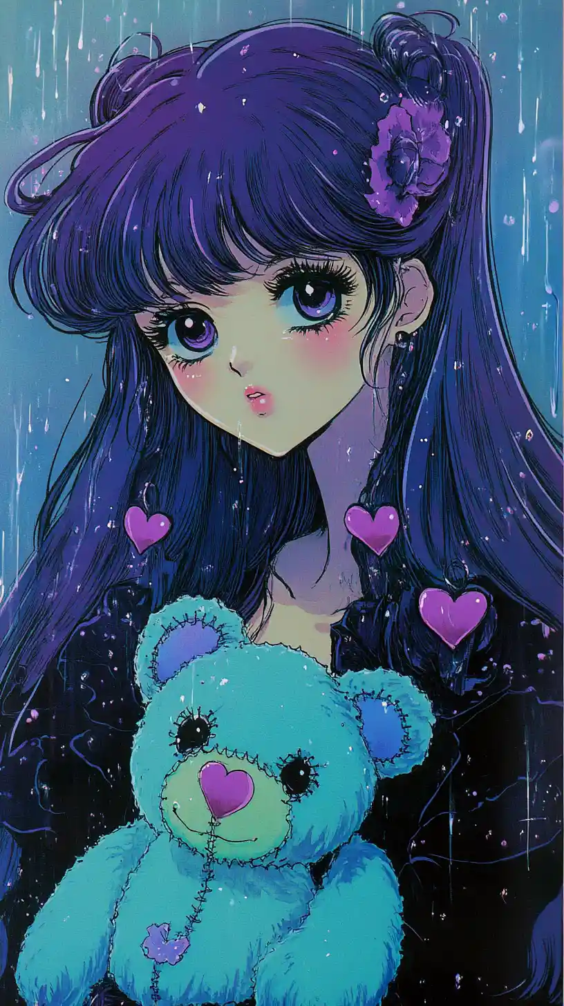 Melancholic gothic girl holding a stitched teddy bear
