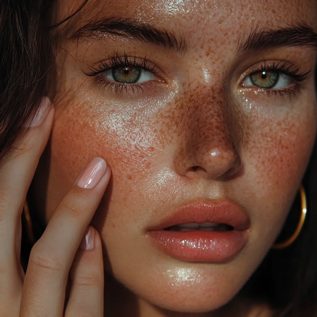 Close up woman with freckles and natural glowing skin