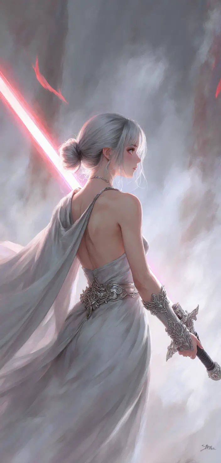 Warrior woman with glowing sword in ethereal light