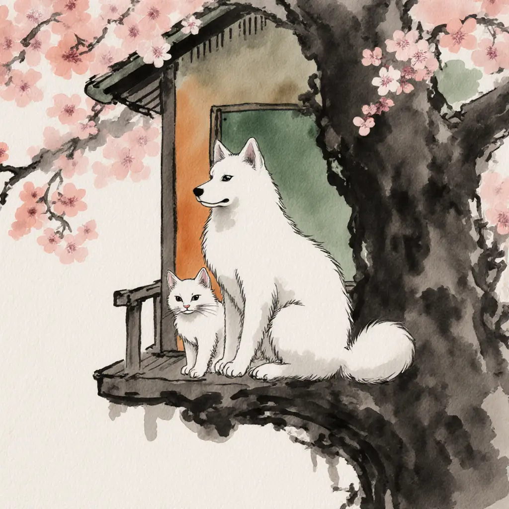 Sakura treehouse ink painting with cat and dog