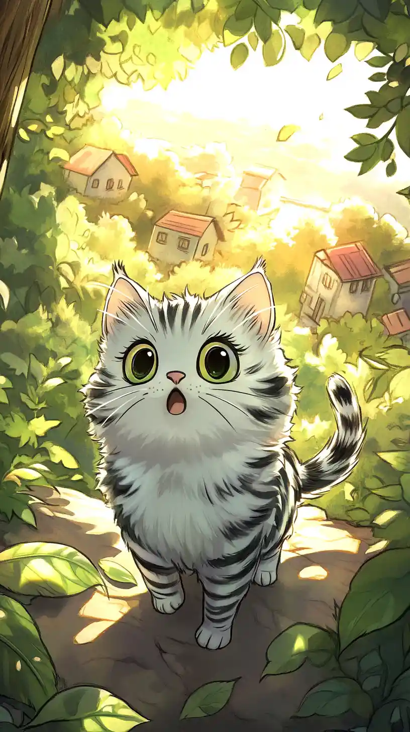 Gatto cartone animato carino e tigrato in una foresta luminosa