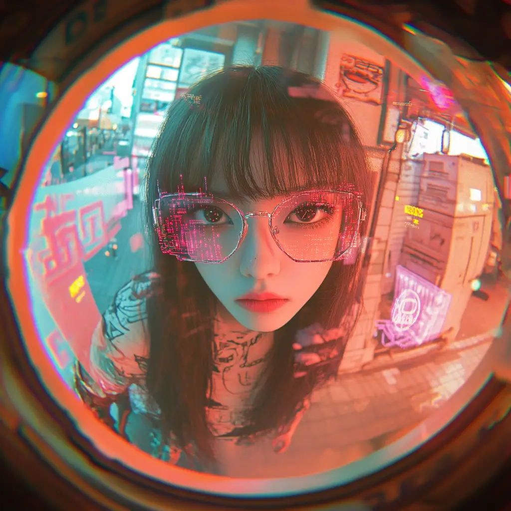 Low angle fisheye portrait of a girl on city street