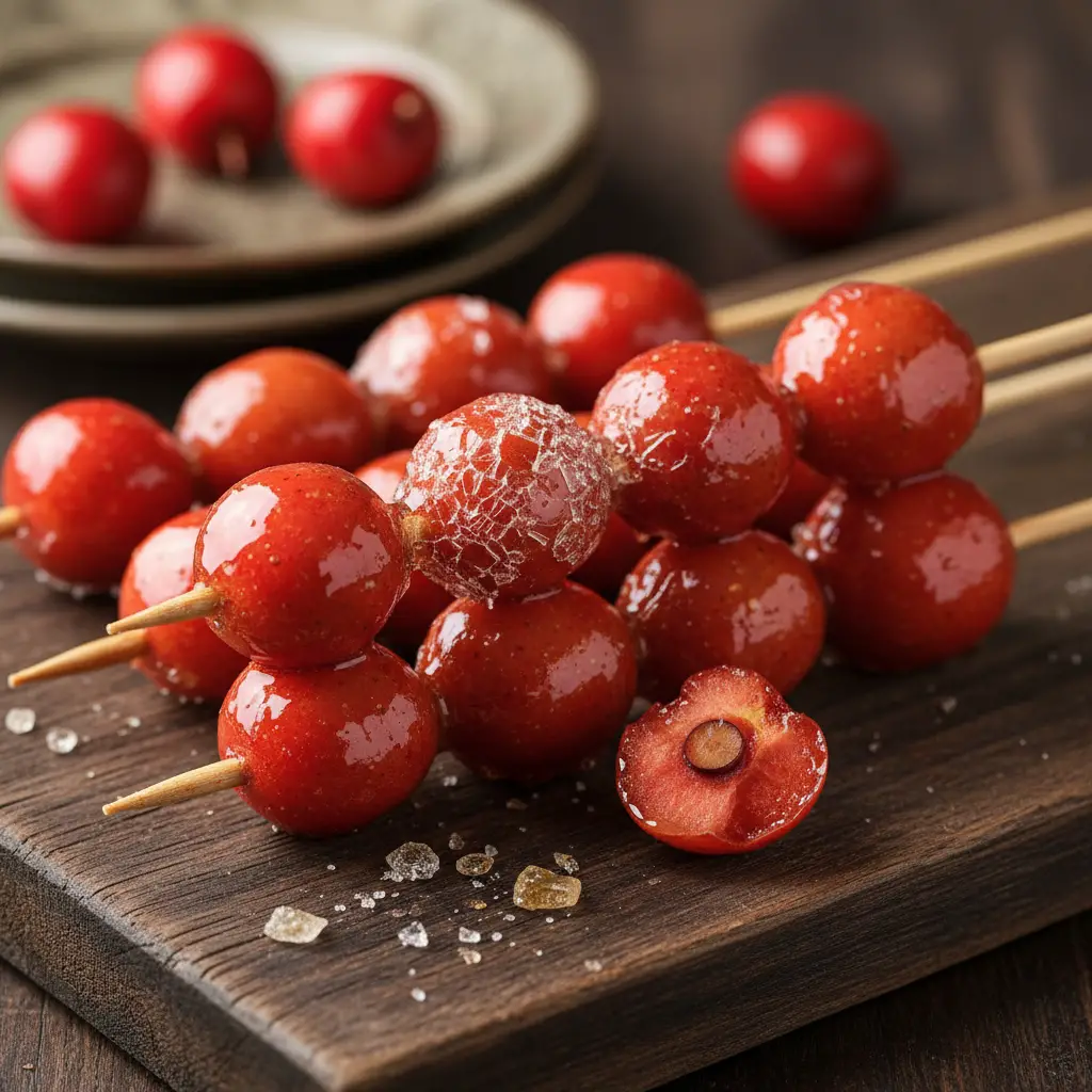 Glossy Candied Hawthorn Skewers With Shiny Sugar Coating