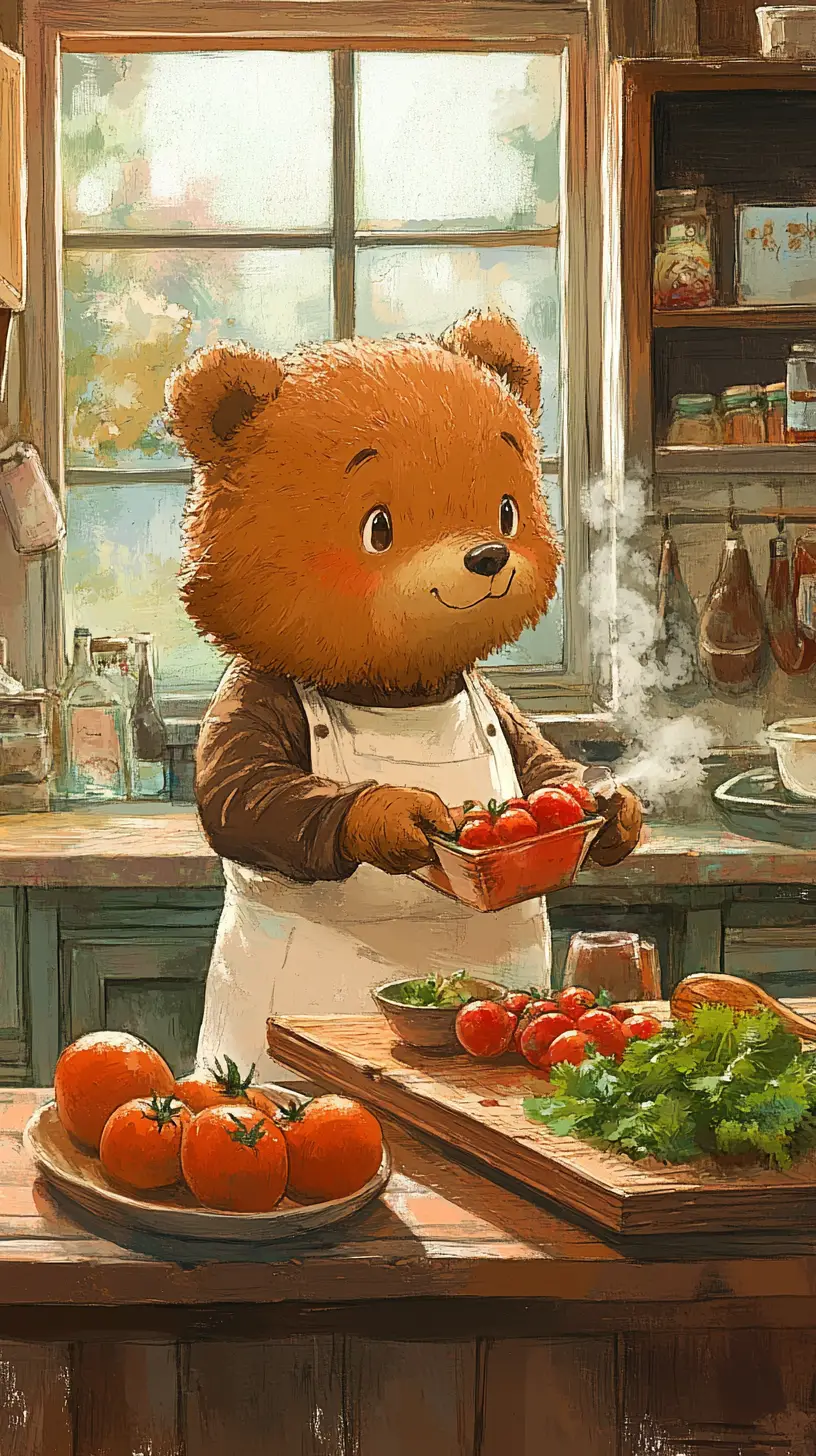 Watercolor bear cooking in a warm rustic kitchen