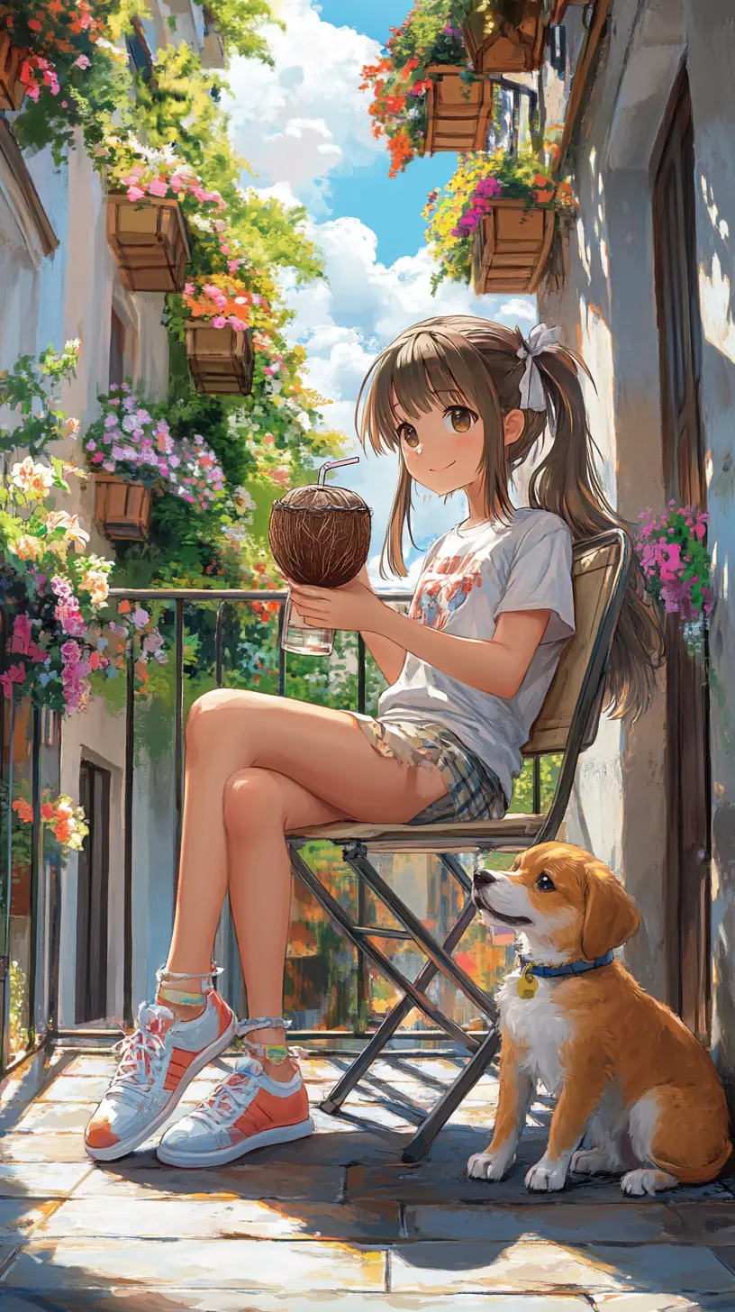 Anime girl relaxing on a sunny balcony with puppy
