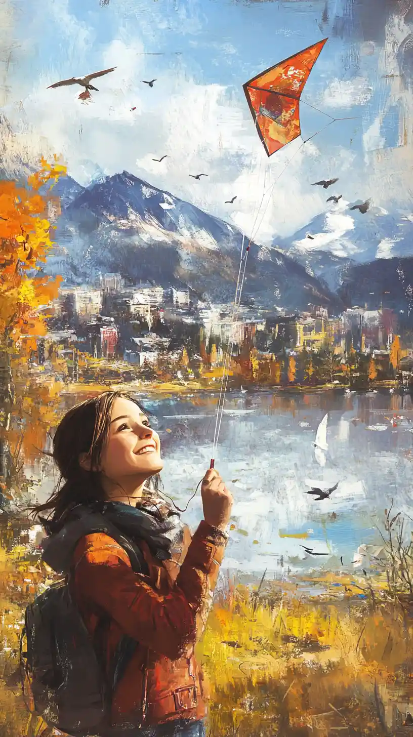 Smiling young woman flying a kite in autumn meadow