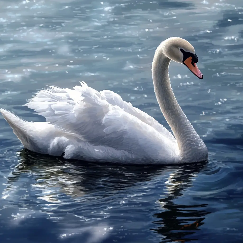 Graceful white swan with shimmering feathers on calm water
