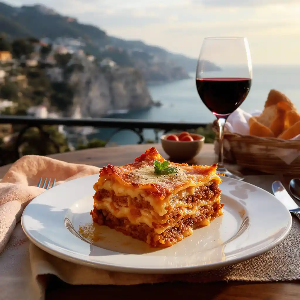 Italian lasagna plate with wine on coastal terrace
