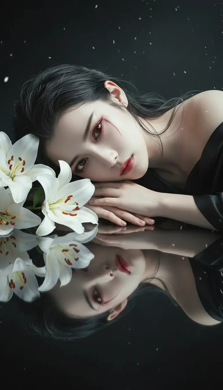 Romantic close up portrait of woman beside white lilies