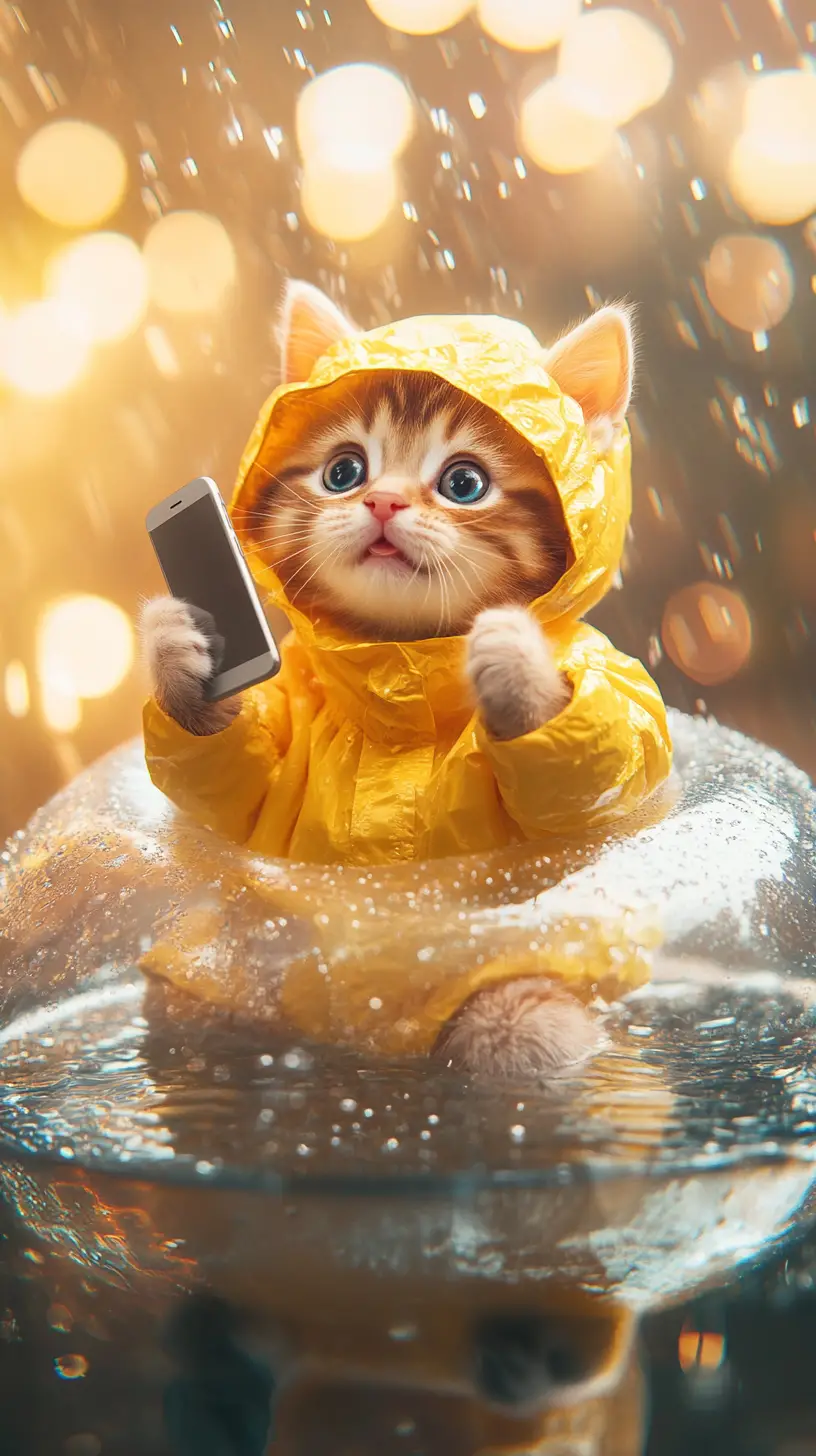 Cute kitten in yellow raincoat holding a smartphone