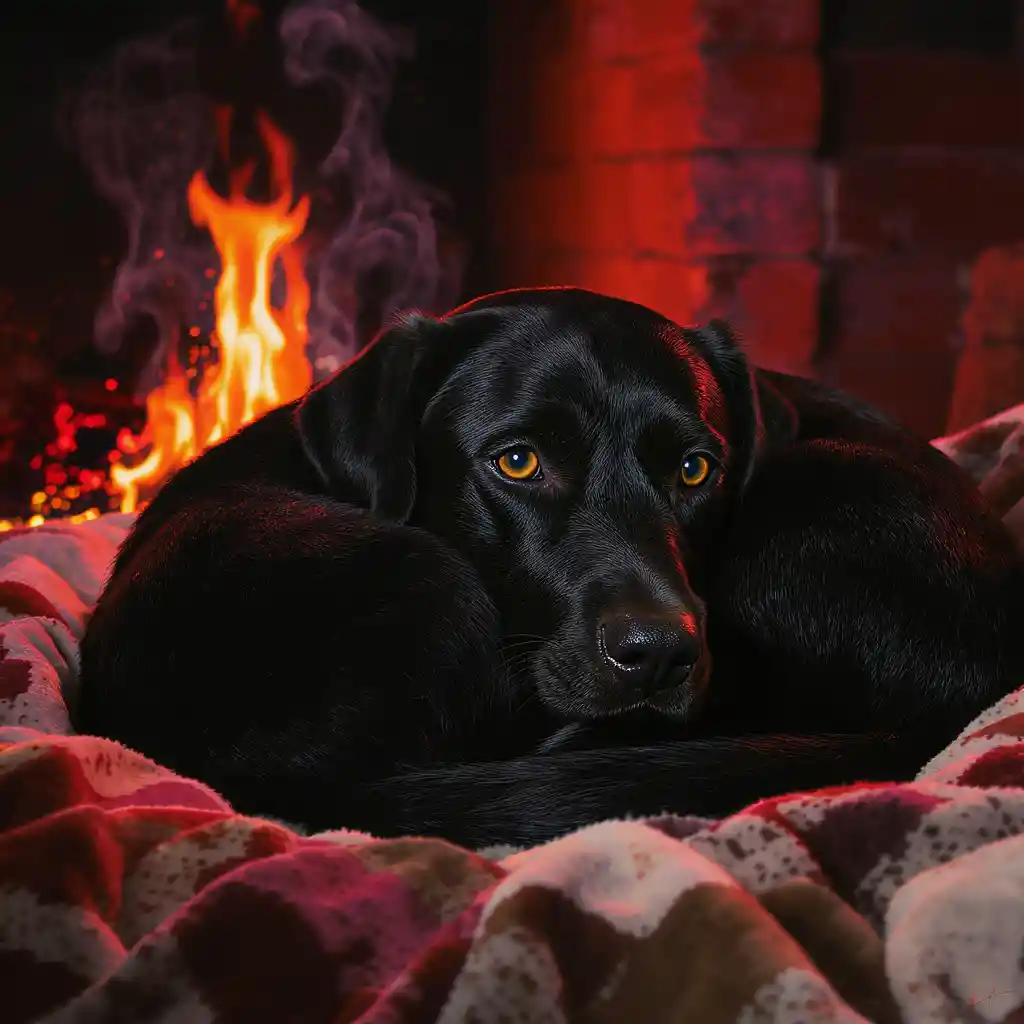 Black labrador curled on a blanket by the fire