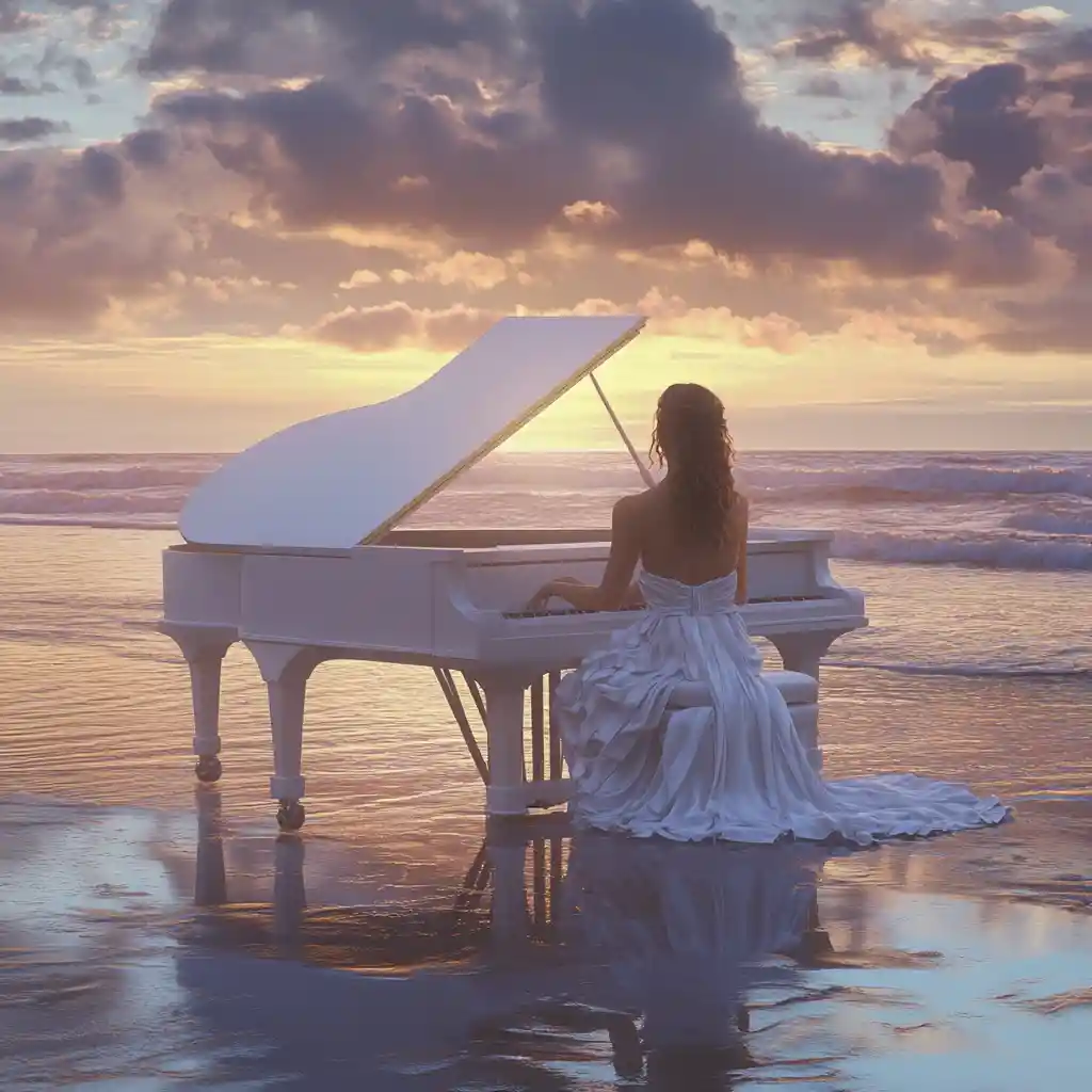 Woman playing grand piano on the beach at sunset