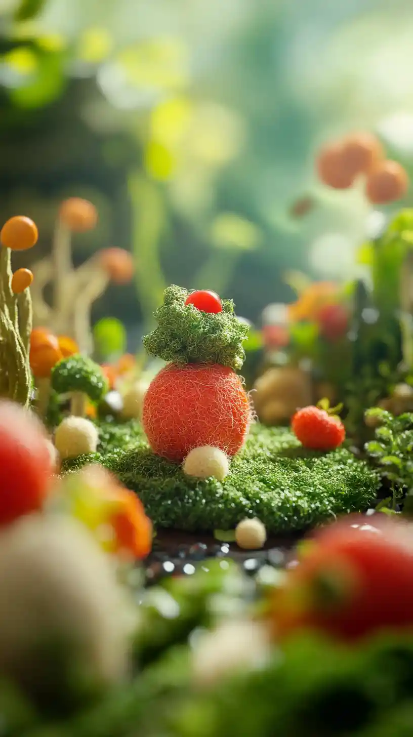 Macro wool felt miniature food with soft playful lighting