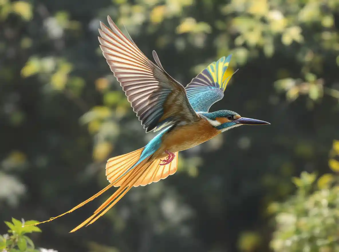 Colorful bird in dynamic flight with flowing tail feathers