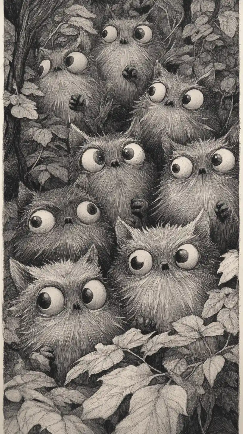 Joyful furry fantasy creatures in monochrome forest drawing