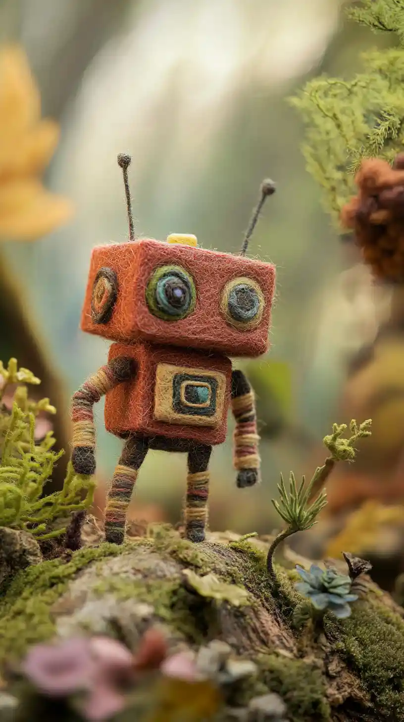 Macro close up of a wool felt toy robot sculpture