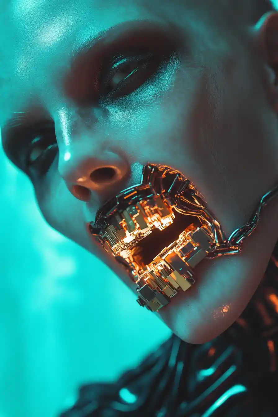 Portrait de vampire futuriste avec crocs cybernétiques et implants