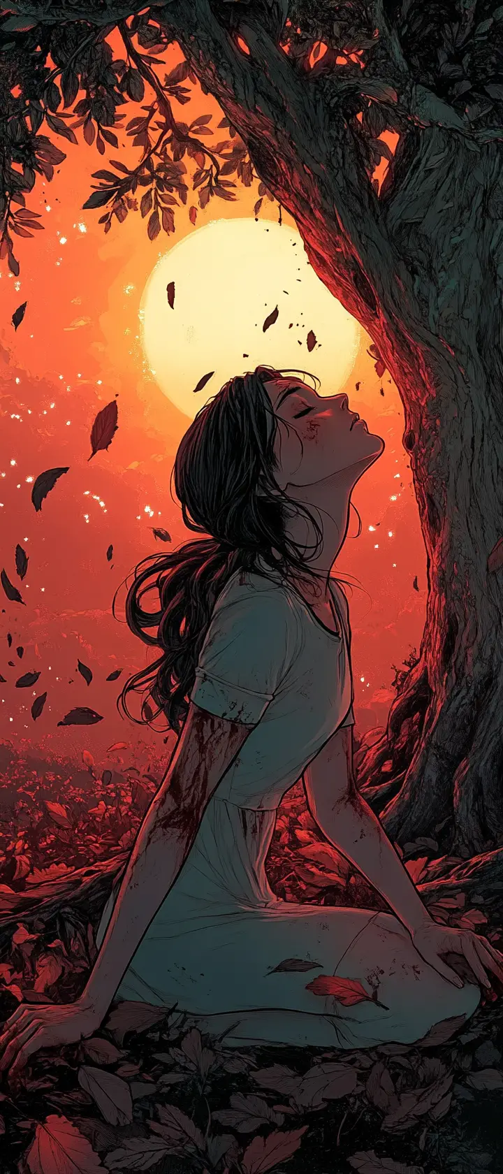 Anime girl mourning in a ruined olive grove at dawn