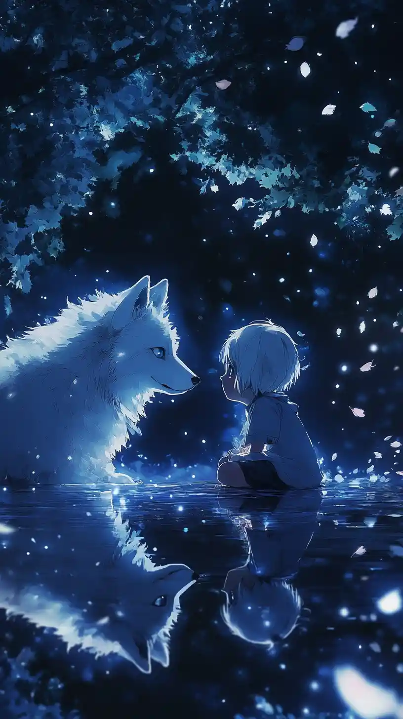 Anime child with white wolf cub under moonlit leaves