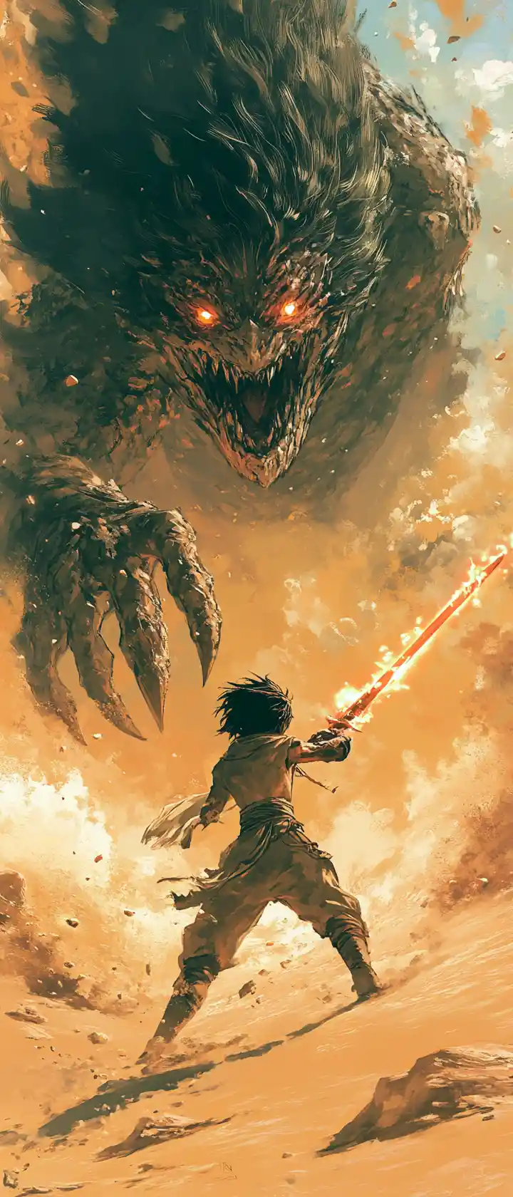 Anime warrior boy charging across a desert battlefield