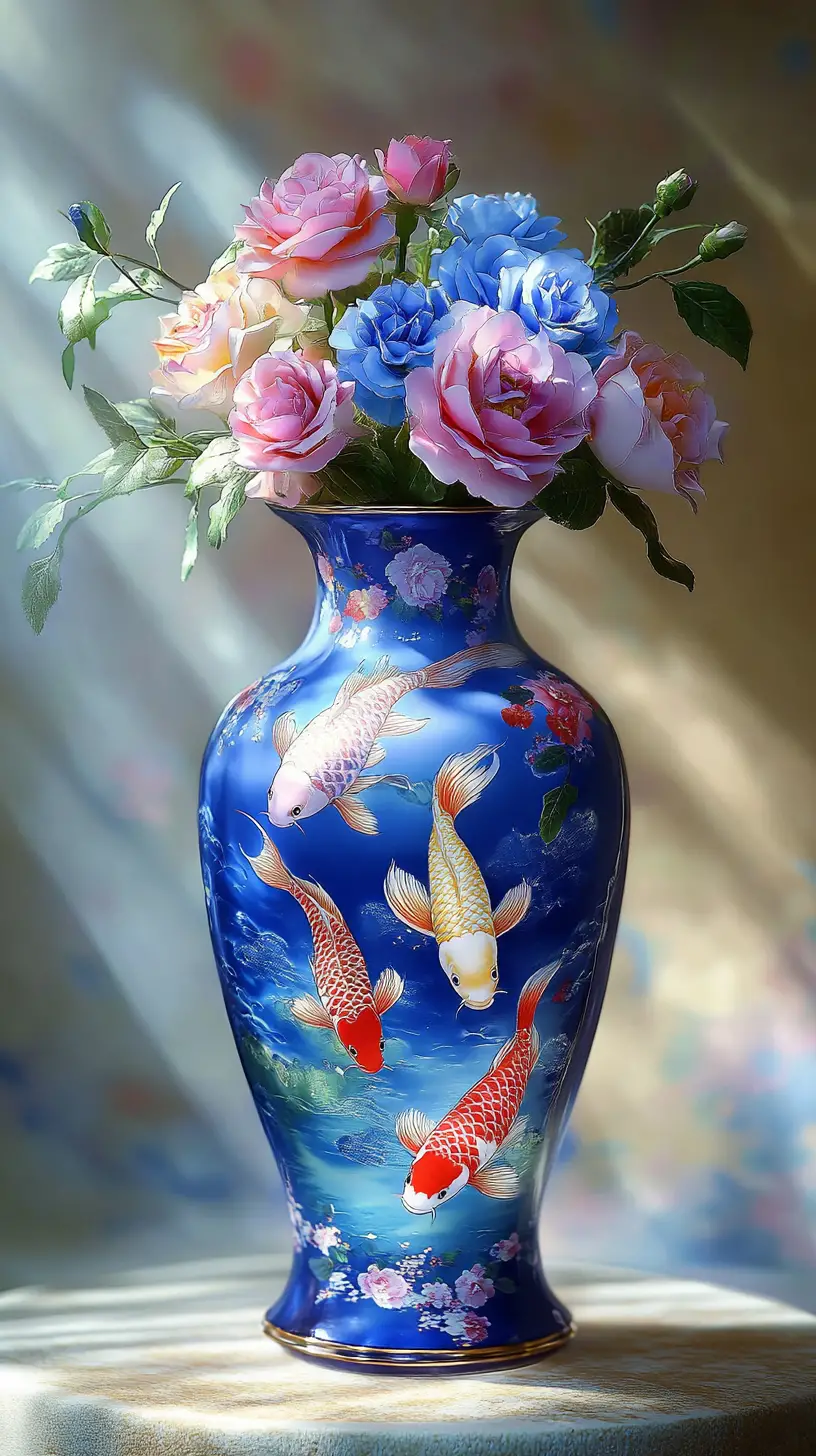 Elegant blue vase with koi and glowing roses