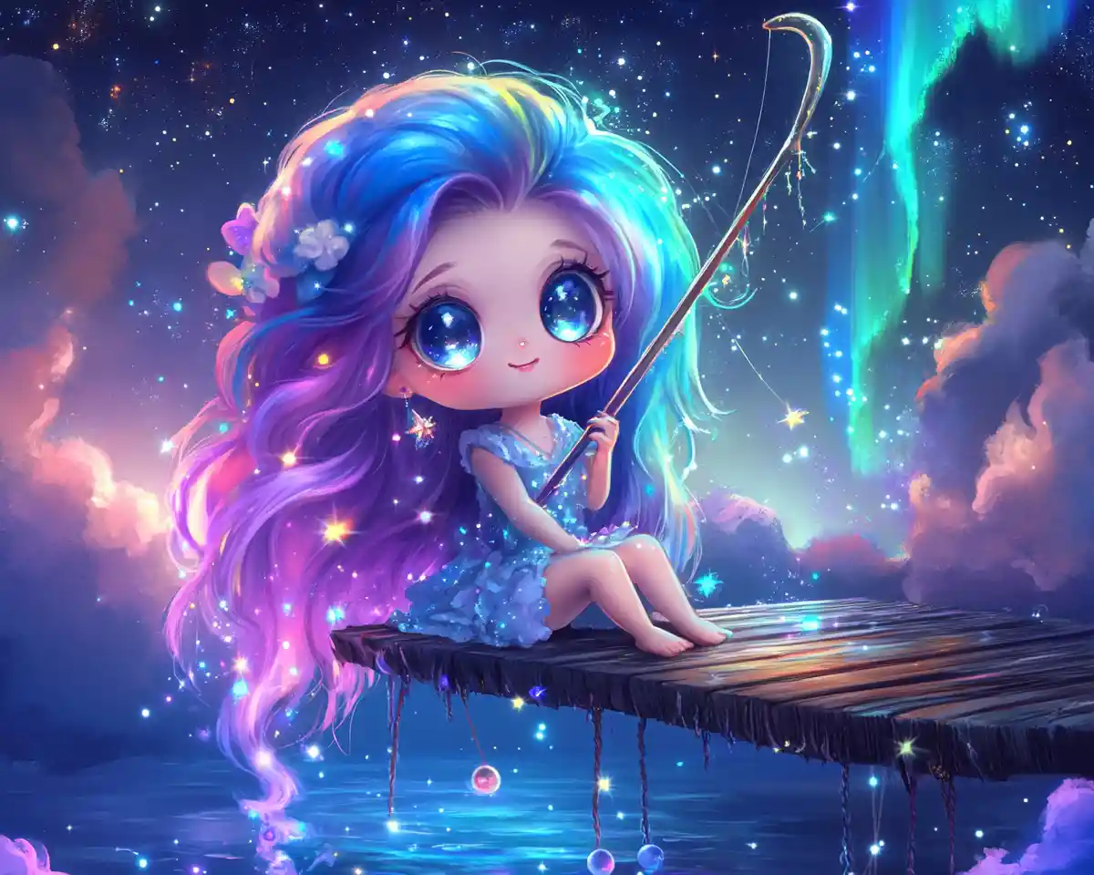 Chibi girl fishing on a glowing starlit dock