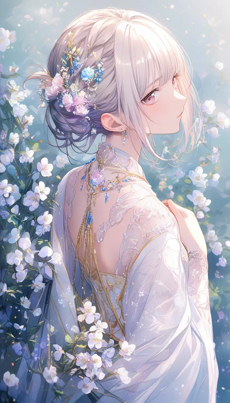 Élégante fille d’anime aux couettes florales