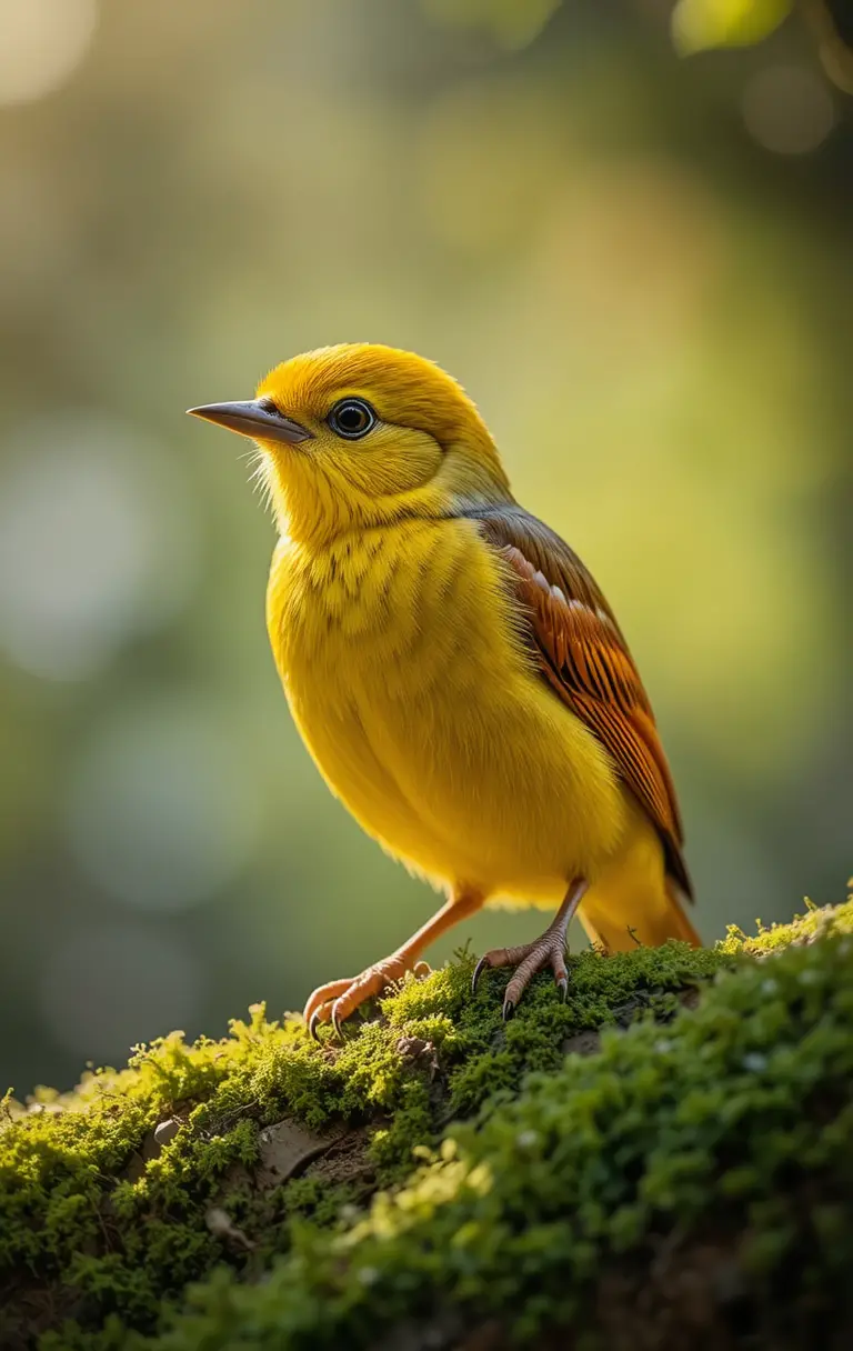 Yellow songbird on mossy branch in soft sunlight