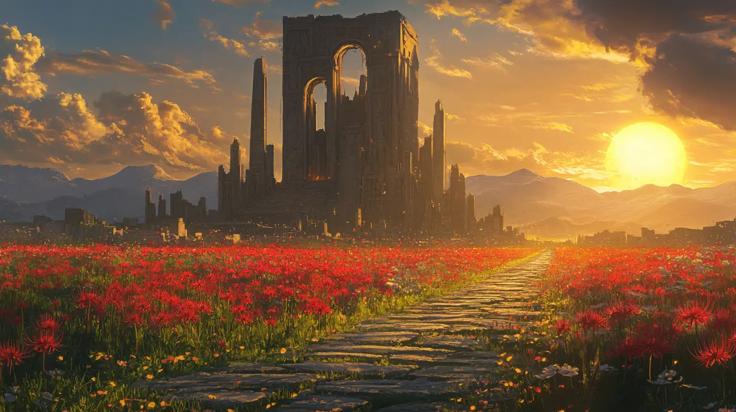 Ruined monument over red flower meadow at sunset