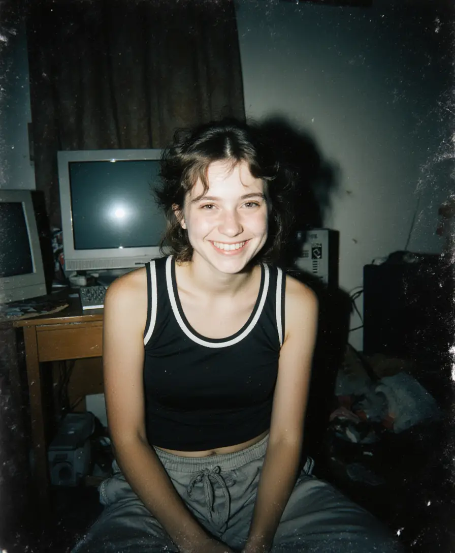 Rebellious teenage girl in grainy bedroom snapshot