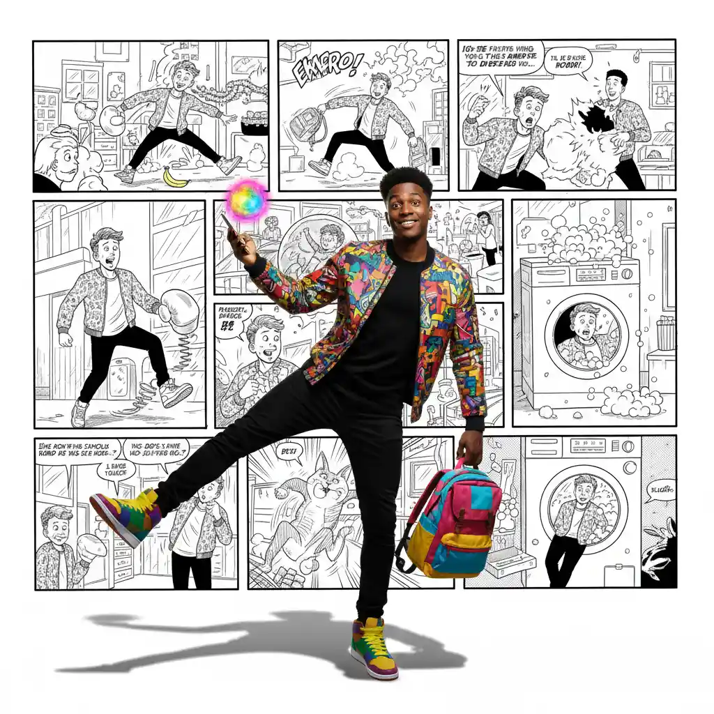 Vibrant woman interacting with monochrome comic panels