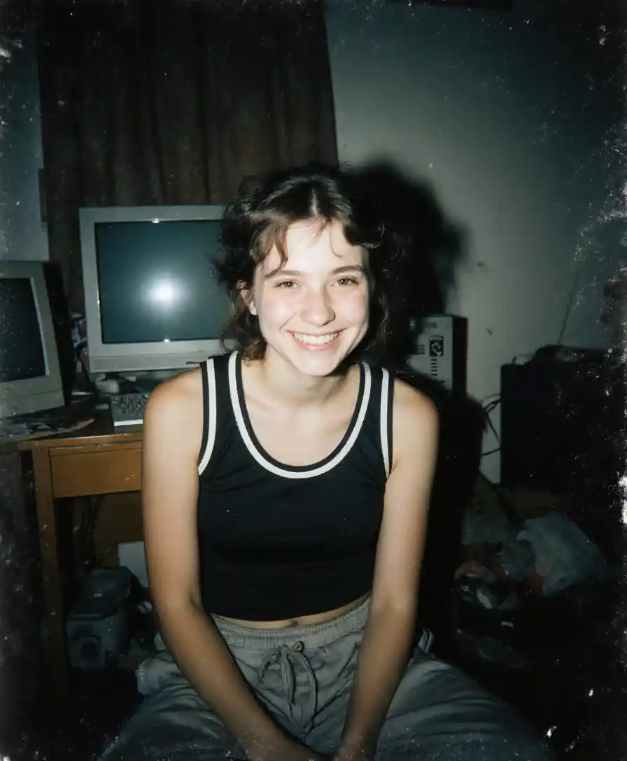 Rebellious teenage girl in grainy bedroom snapshot