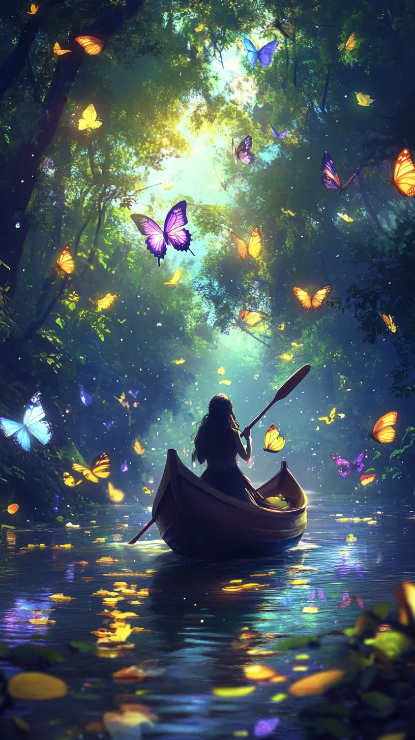Girl sailing a boat through a magical river forest