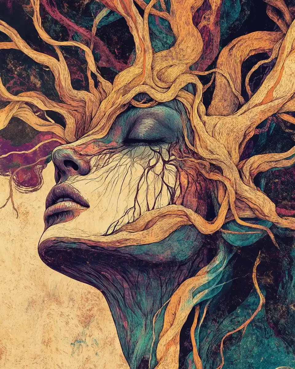 Surreal woman with tree bark face and twisting roots