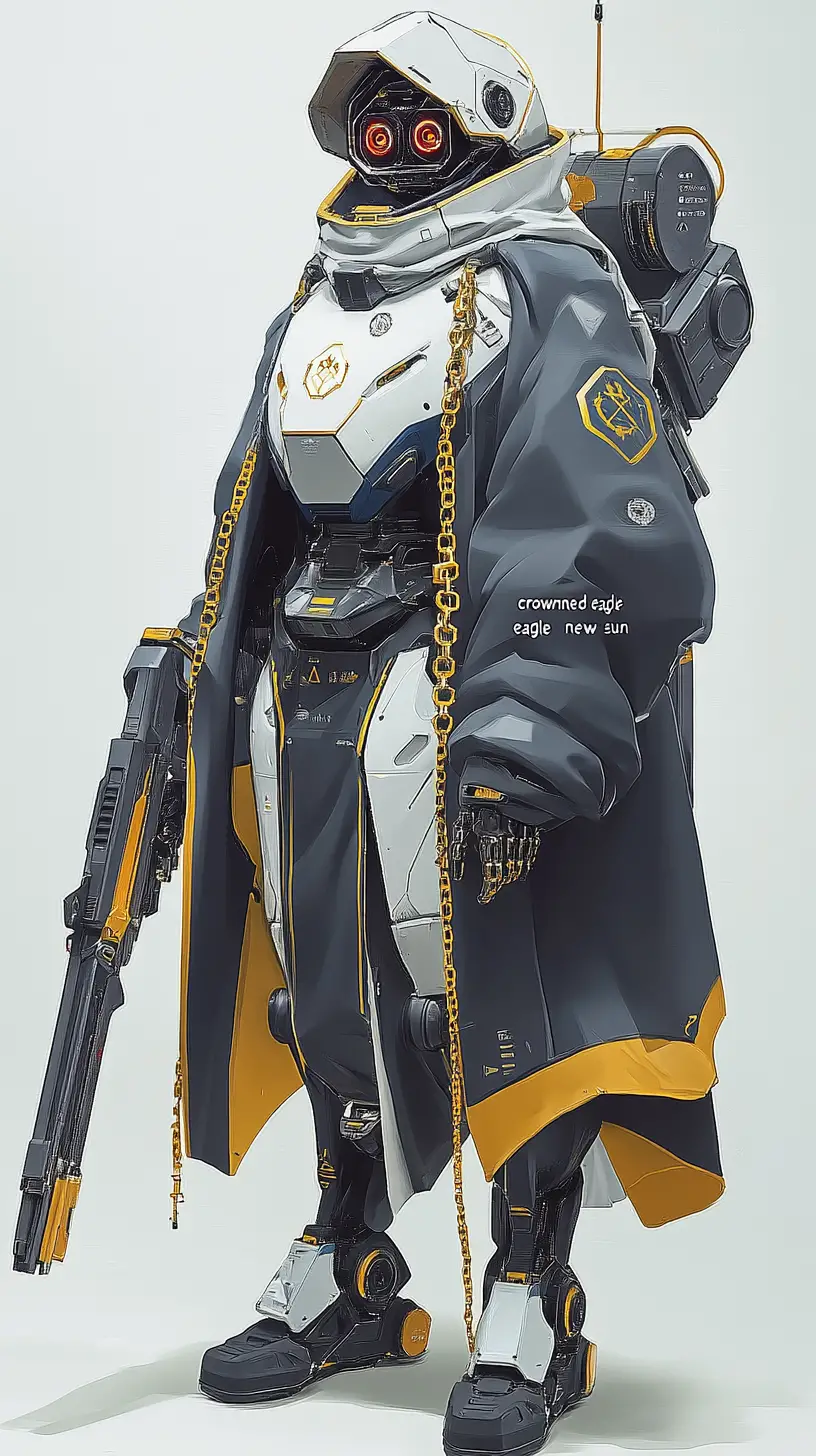 Armored robot with crowned eagle emblem holding sci fi weapon