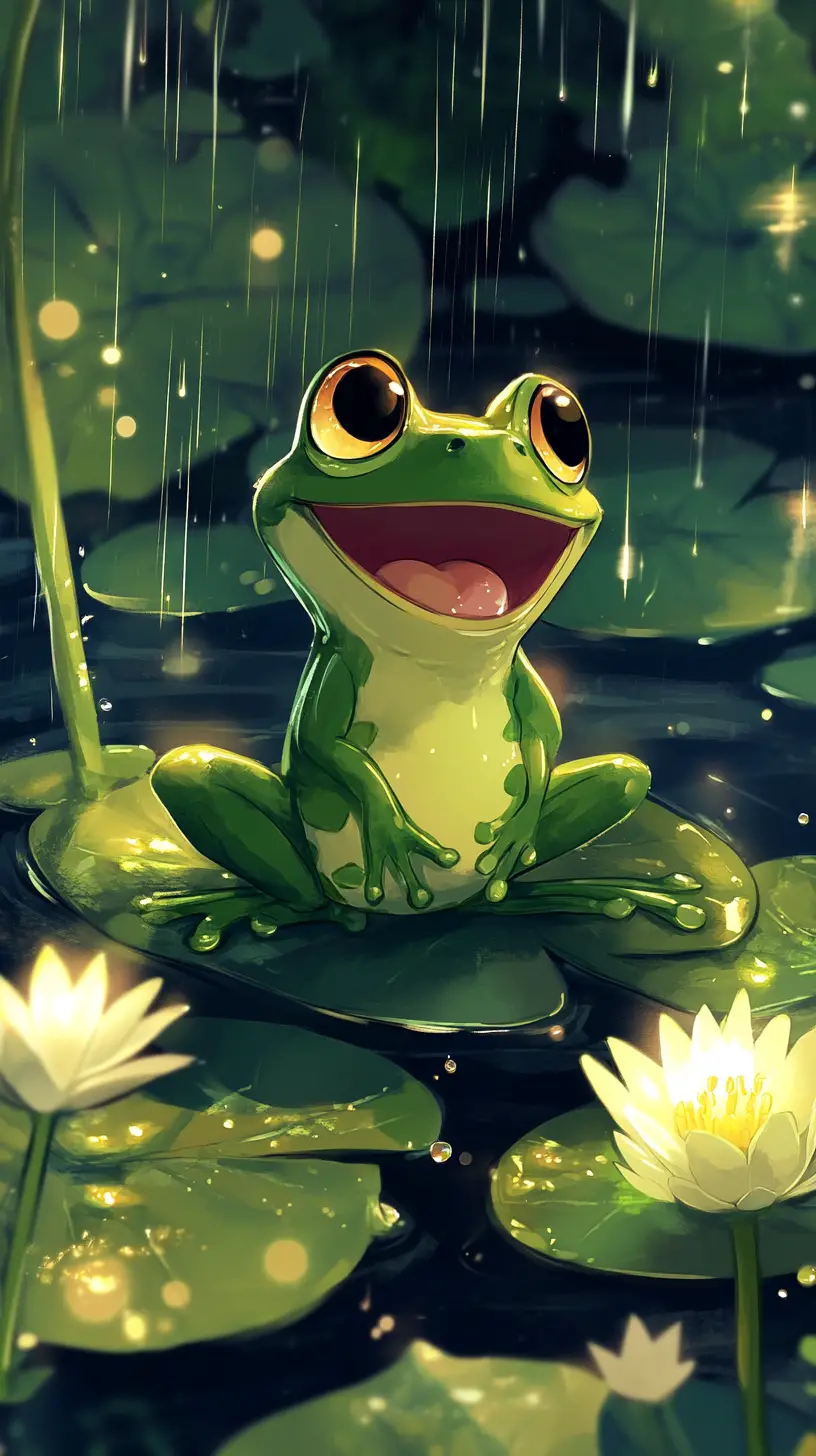 Cute green tree frog singing on water lily leaf