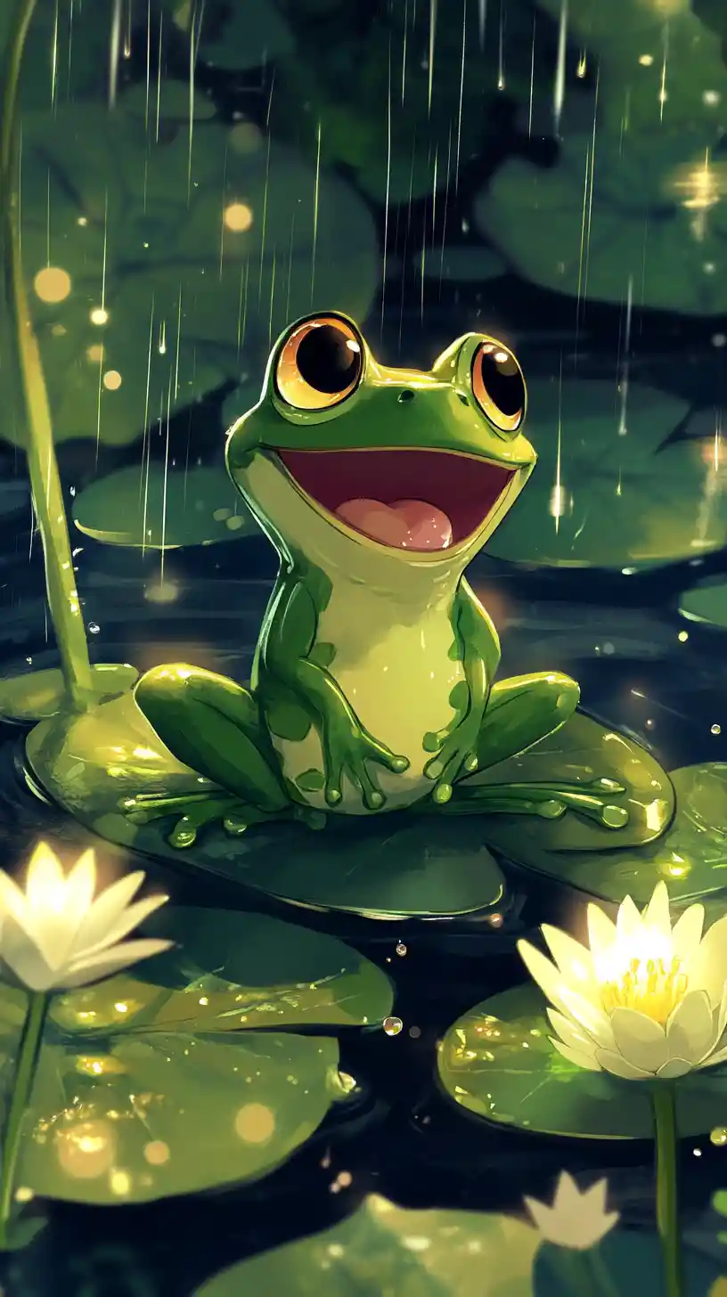 Cute green tree frog singing on water lily leaf