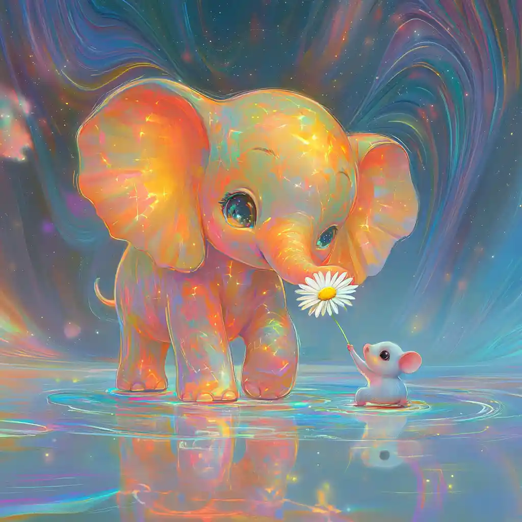 Chibi Elephant With Mouse In Surreal Dreamlike Scene